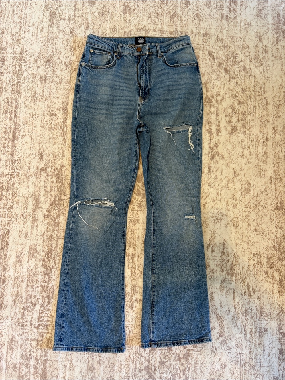 BDG Relaxed Flare Jeans in Medium Blue Wash with Distressed Knees